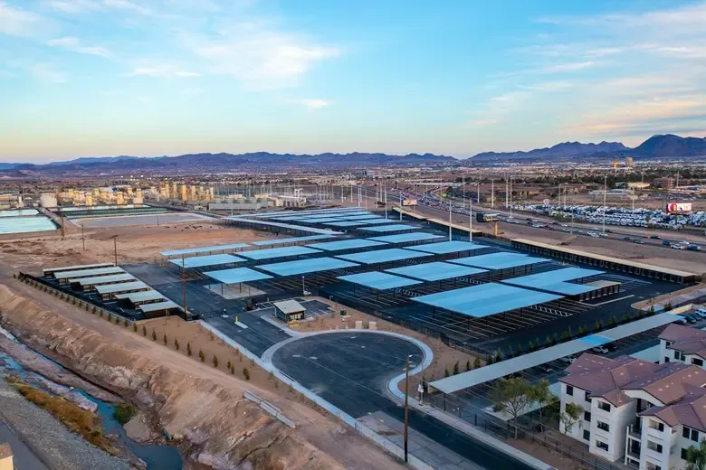 Aerial view of covered vehicle parking facility.