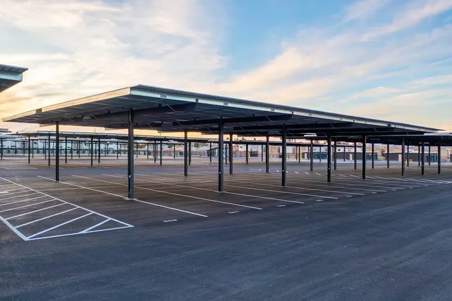 Covered vehicle parking spaces.