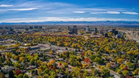 Aerial view of Aurora, CO, in the fall.