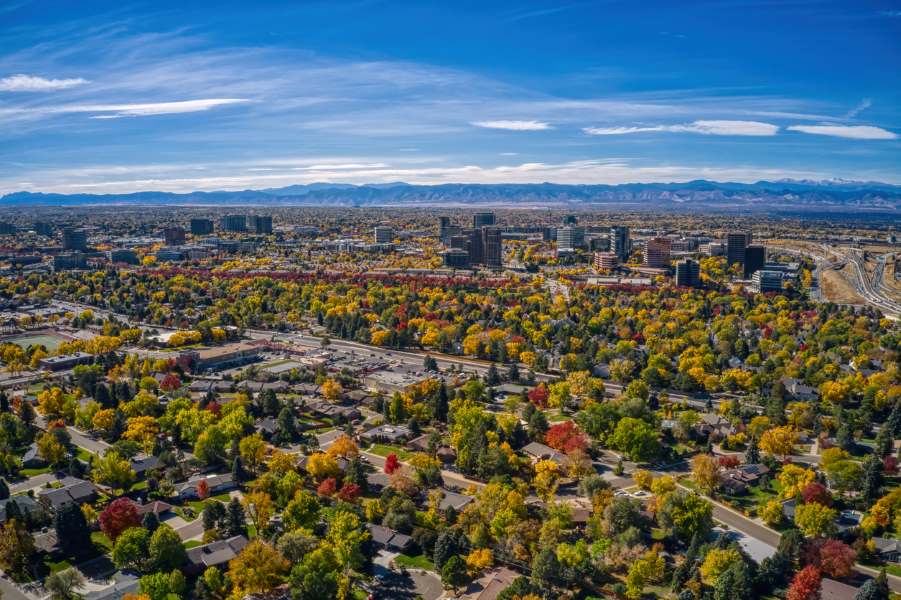 Aerial view of Aurora, CO, in the fall.