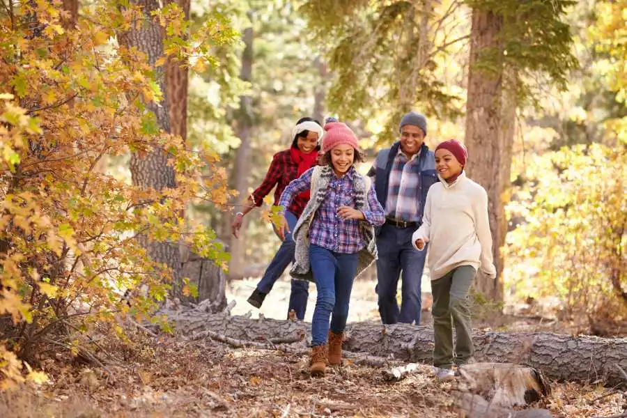 Grandparents with children walking through fall woodland.