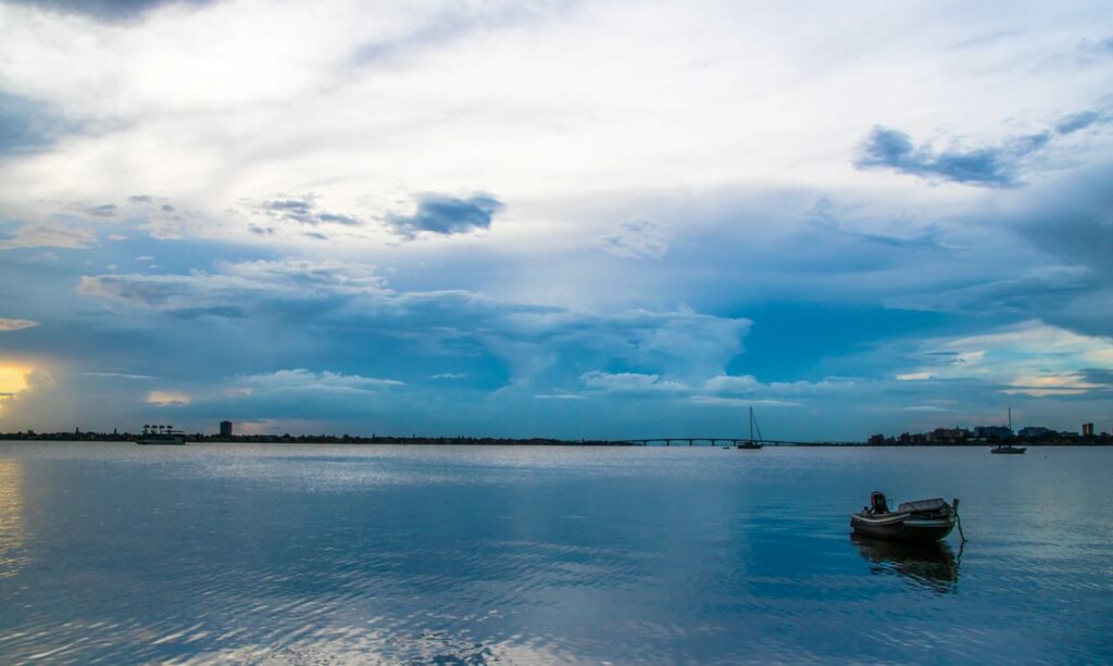 Fishing boat on calm water of Sarasota Bay. 