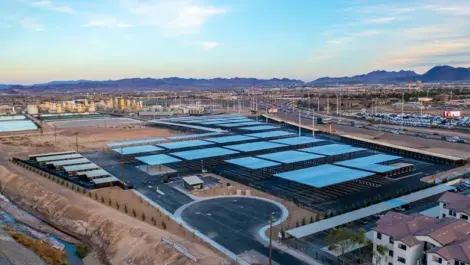 Aerial view of covered vehicle parking facility.