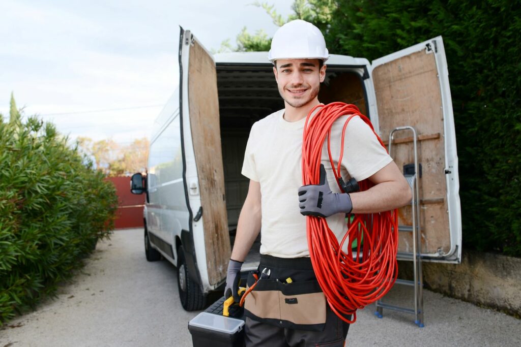  A young electrician worker unloads tools from the work van.