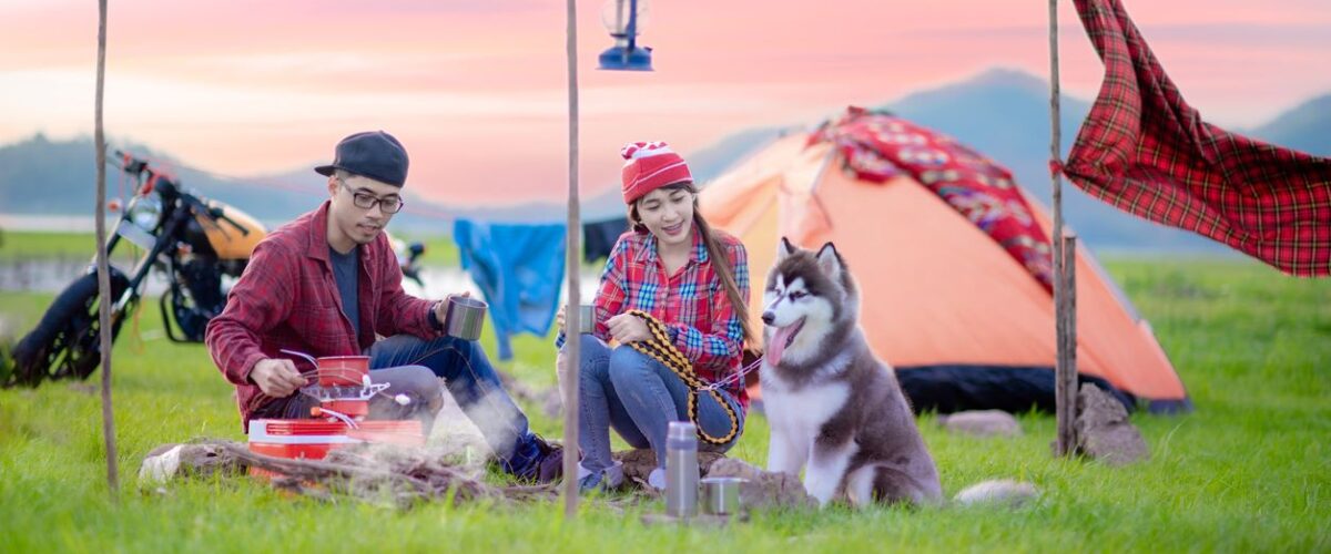 A couple sits by a campfire with their dog in front of a tent at sunset, enjoying a peaceful outdoor camping trip.