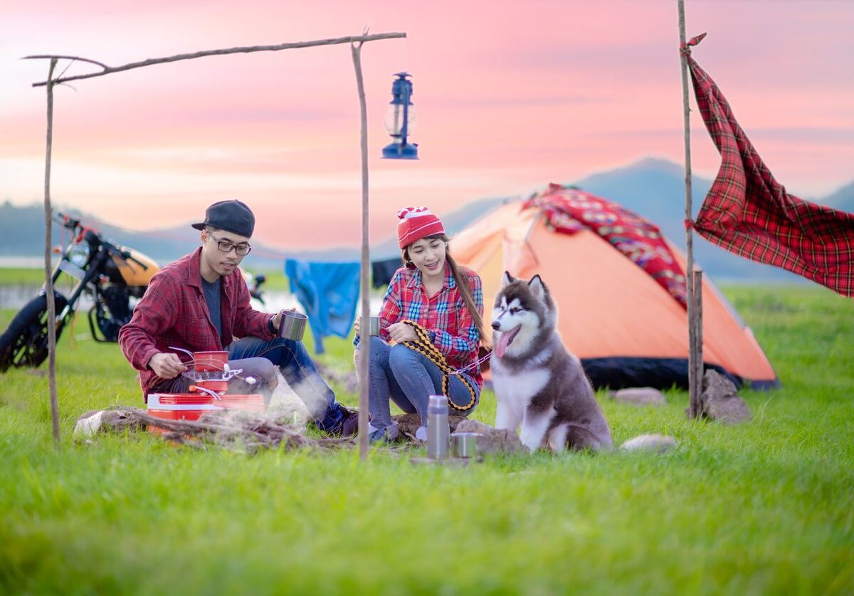 A couple sits by a campfire with their dog in front of a tent at sunset, enjoying a peaceful outdoor camping trip.