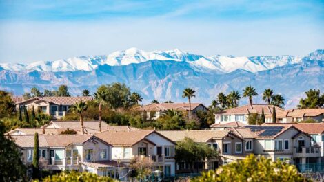 A suburban Las Vegas neighborhood with palm trees and snowcapped mountains on a clear day.